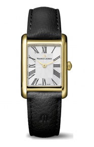 Maurice Lacroix Fiaba Square 24 x 34 mm - 5 ATM, Esfera plateada, correa de piel negra, caja PVD oro amarillo