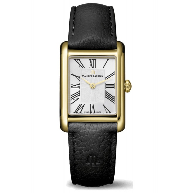 Maurice Lacroix Fiaba Square 24 x 34 mm - 5 ATM, Esfera plateada, correa de piel negra, caja PVD oro amarillo