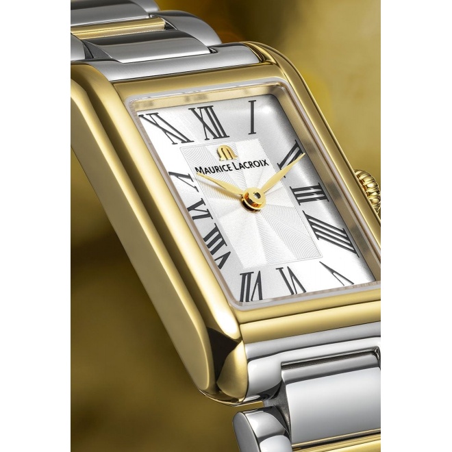 Maurice Lacroix Fiaba Square 24 x 34 mm - 5 ATM, Esfera plateada, brazalete de acero, caja PVD oro amarillo, PVD oro amarillo