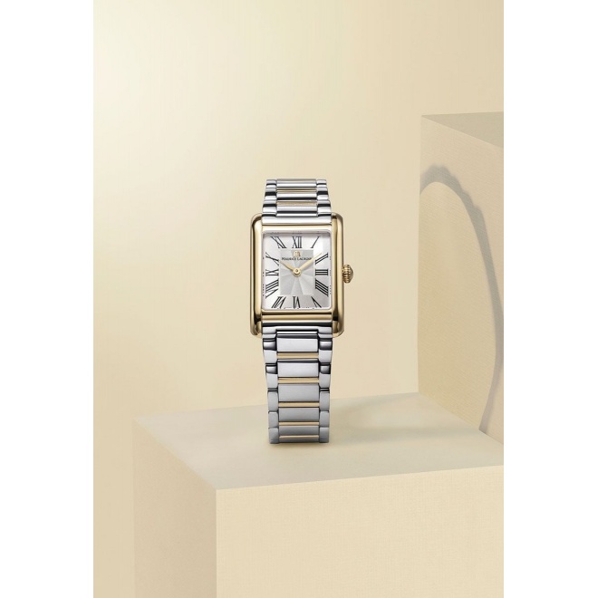 Maurice Lacroix Fiaba Square 24 x 34 mm - 5 ATM, Esfera plateada, brazalete de acero, caja PVD oro amarillo, PVD oro amarillo