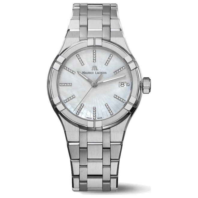Maurice Lacroix Aikon Quartz Date ∅35 mm - 10 ATM, Esfera madre perla, brazalete de acero