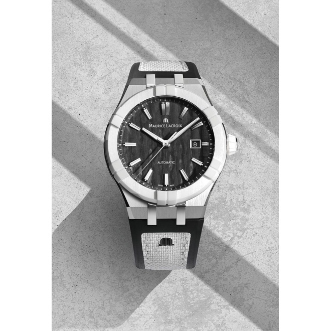 Maurice Lacroix Aikonic Automatic ∅43 mm - 10 ATM, Esfera negra, correa de caucho negro, blanco
