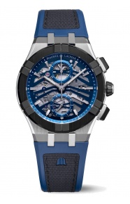 Maurice Lacroix Aikonic Automatic Chronograph Skeleton ∅43 mm - 10 ATM, Esfera azul, correa de caucho negro