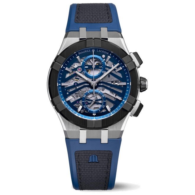 Maurice Lacroix Aikonic Automatic Chronograph Skeleton ∅43 mm - 10 ATM, Esfera azul, correa de caucho negro