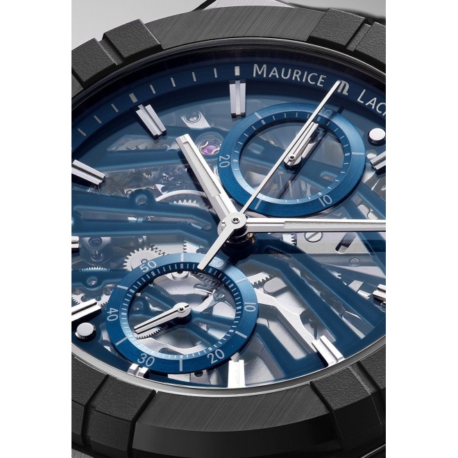 Maurice Lacroix Aikonic Automatic Chronograph Skeleton ∅43 mm - 10 ATM, Esfera azul, correa de caucho negro
