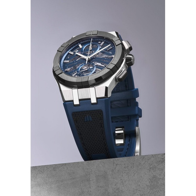 Maurice Lacroix Aikonic Automatic Chronograph Skeleton ∅43 mm - 10 ATM, Esfera azul, correa de caucho negro