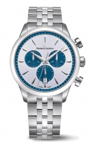 Maurice Lacroix 1975 Quartz Chronograph ∅40 mm - 10 ATM, Esfera plateada, brazalete de acero, azul