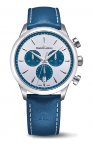 Maurice Lacroix 1975 Quartz Chronograph ∅40 mm - 10 ATM, Esfera plateada, brazalete de piel azul