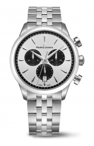 Maurice Lacroix 1975 Quartz Chronograph ∅40 mm - 10 ATM, Esfera plateada, brazalete de acero, negra