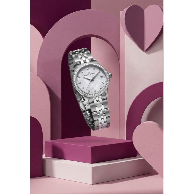 Maurice Lacroix 1975 Quartz ∅33 mm - 10 ATM, Esfera nácar blanco, brazalete de acero, diamantes, bisel de diamantes