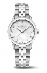 Maurice Lacroix 1975 Quartz ∅33 mm - 10 ATM, Esfera nácar blanco, brazalete de acero, diamantes