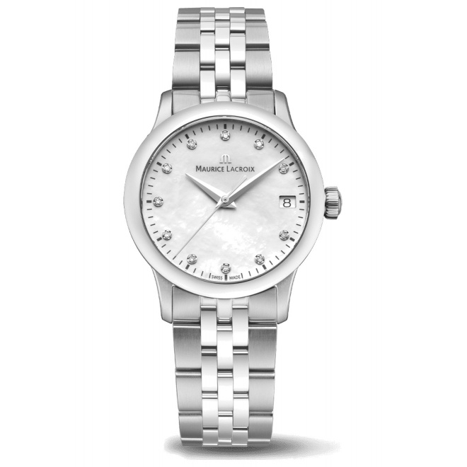 Maurice Lacroix 1975 Quartz ∅33 mm - 10 ATM, Esfera nácar blanco, brazalete de acero, diamantes