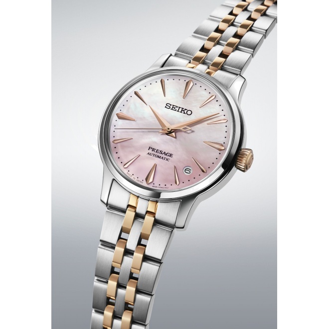 Seiko Presage Cocktail Sakura Aviation LTD Ed ∅34 mm - 5 ATM, Esfera rosa indices, brazalete de acero, oro rosa