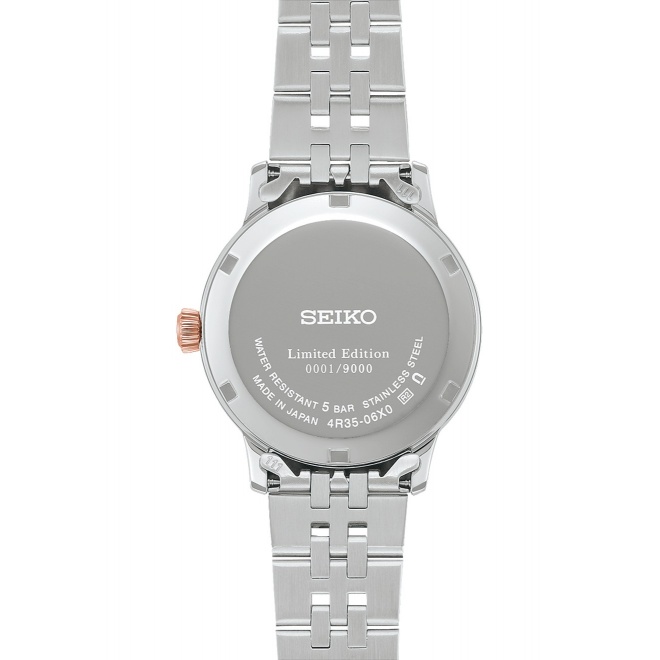 Seiko Presage Cocktail Sakura Aviation LTD Ed ∅34 mm - 5 ATM, Esfera rosa indices, brazalete de acero, oro rosa
