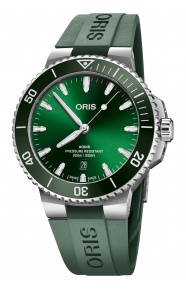 Oris Aquis Date ∅43,5 mm - 30 ATM, Esfera verde, correa de caucho verde