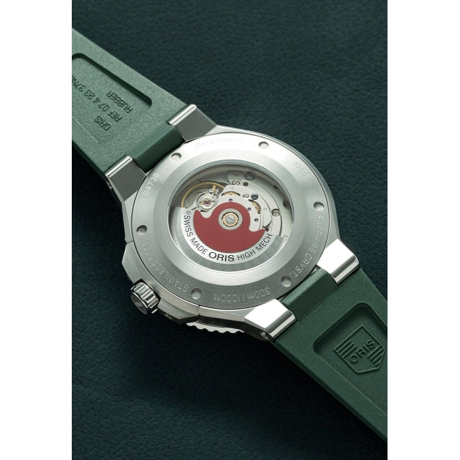 Oris Aquis Date ∅43,5 mm - 30 ATM, Esfera verde, correa de caucho verde