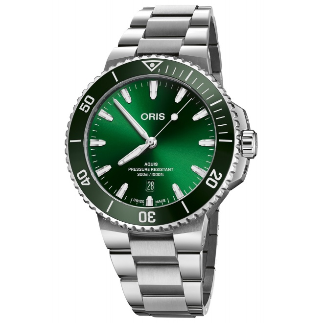 Oris Aquis Date ∅43,5 mm - 30 ATM, Esfera verde, brazalete de acero