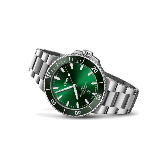 Oris Aquis Date ∅43,5 mm - 30 ATM, Esfera verde, brazalete de acero