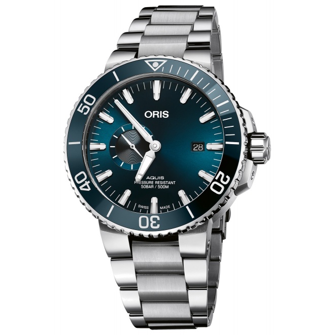 Oris Aquis Small Second Date ∅45,5 mm - 50 ATM, Esfera azul, brazalete de acero