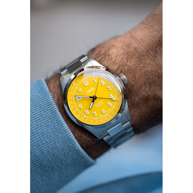 Oris Big Crown Pointer Date ∅40 mm - 5 ATM, Esfera amarilla, brazalete de acero