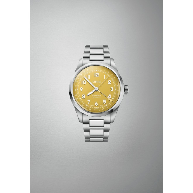 Oris Big Crown Pointer Date ∅40 mm - 5 ATM, Esfera amarilla, brazalete de acero
