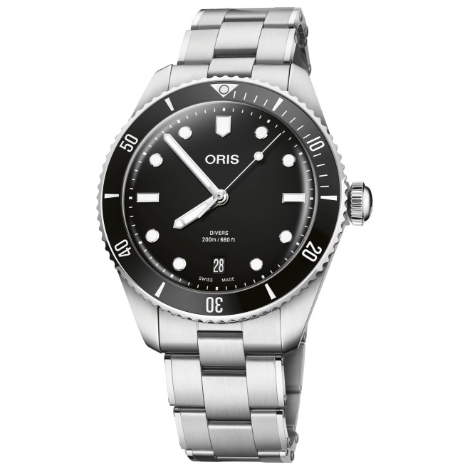 Oris Divers Date ∅39 mm - 20 ATM, Esfera negra, brazalete de acero, correa adicional de caucho negro