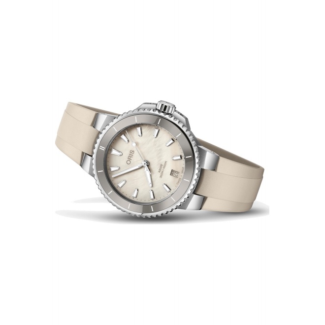 Oris Aquis Date ∅36,5 mm - 30 ATM, Esfera blanca, correa de caucho blanco