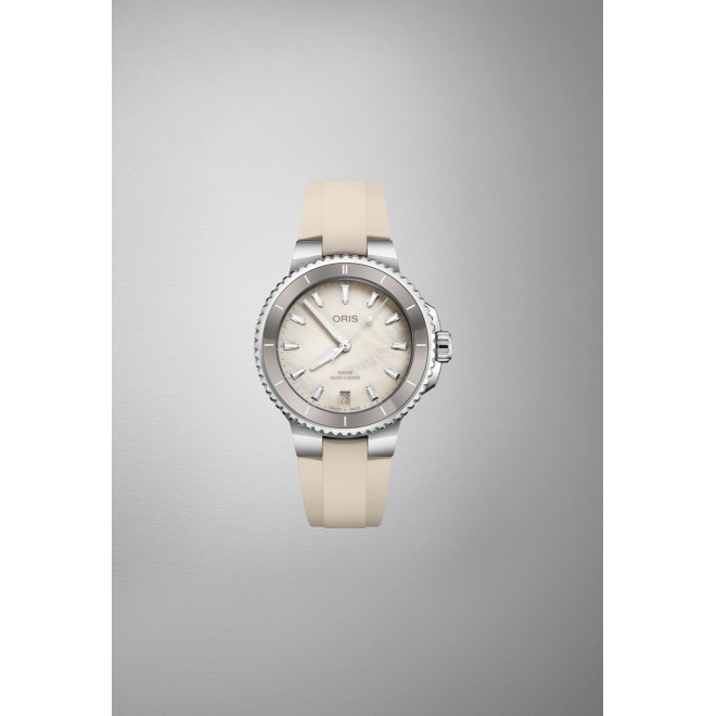 Oris Aquis Date ∅36,5 mm - 30 ATM, Esfera blanca, correa de caucho blanco