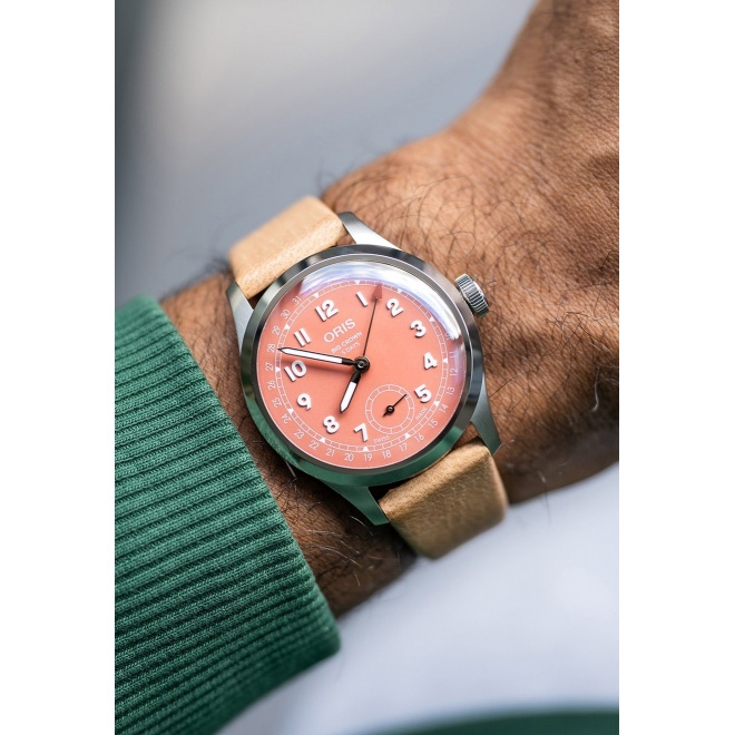 Oris Big Crown Pointer Date Calibre 403 ∅40 mm - 5 ATM, Esfera roja, correa de piel marrón cognac