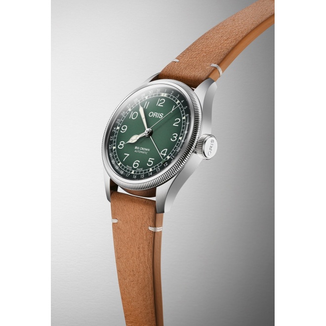 Oris Big Crown Cervo Volante ∅38 mm - 5 ATM, Esfera verde, correa de piel