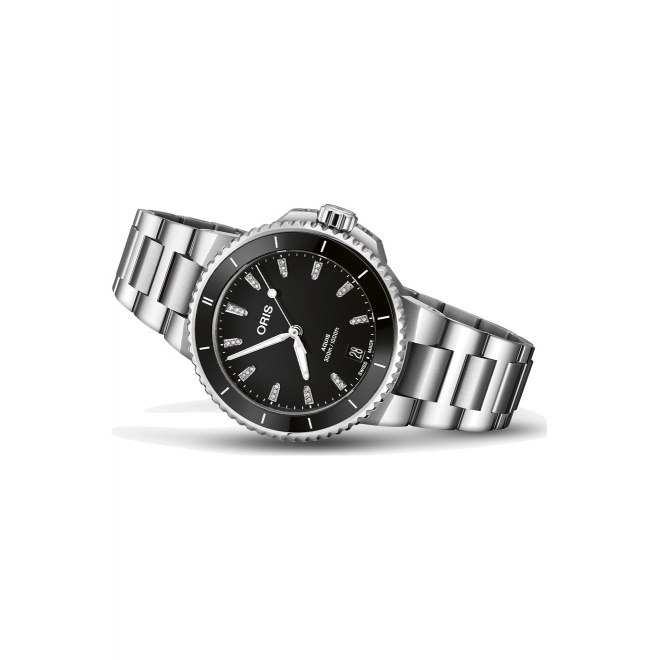 Oris Aquis Date Diamonds ∅36,5 mm - 30 ATM, Esfera negra, brazalete de acero