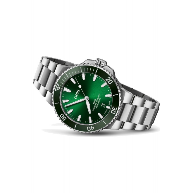 Oris Aquis Date ∅41,5 mm - 30 ATM, Esfera verde, brazalete de acero