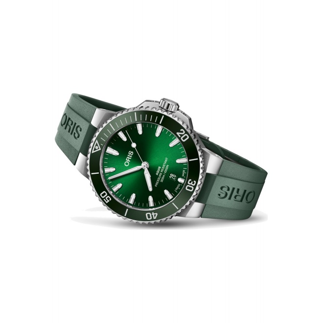 Oris Aquis Date ∅41,5 mm - 30 ATM, Esfera verde, correa de caucho verde