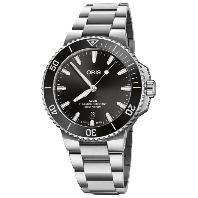 Oris Aquis Date ∅41,5 mm - 30 ATM, Esfera negra, brazalete de acero