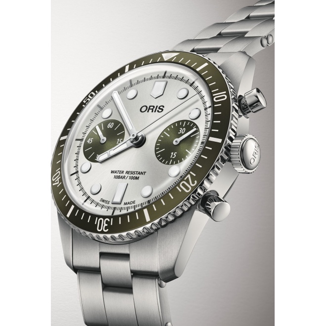 Oris Divers Sixty‑Five Chronograph ∅40 mm - 10 ATM, Esfera gris, brazalete de acero