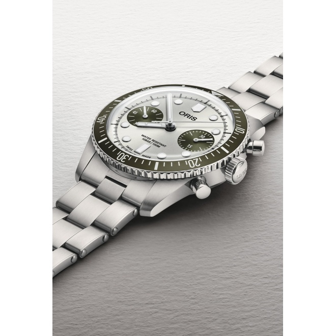 Oris Divers Sixty‑Five Chronograph ∅40 mm - 10 ATM, Esfera gris, brazalete de acero