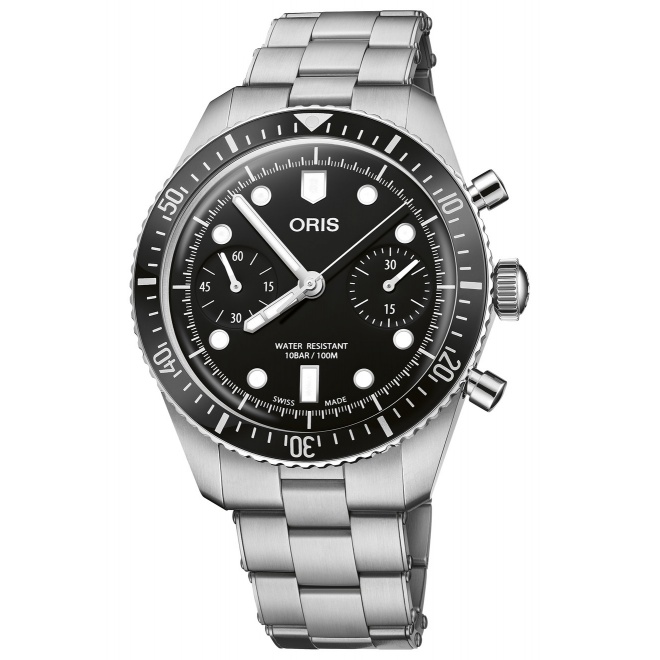 Oris Divers Sixty‑Five Chronograph ∅40 mm - 10 ATM, Esfera negra, brazalete de acero