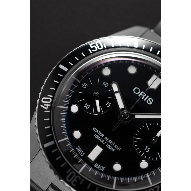 Oris Divers Sixty‑Five Chronograph ∅40 mm - 10 ATM, Esfera negra, brazalete de acero