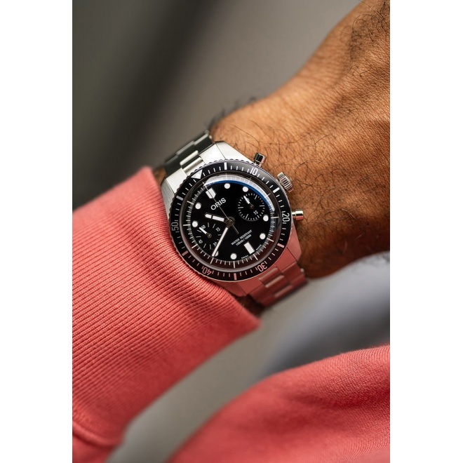 Oris Divers Sixty‑Five Chronograph ∅40 mm - 10 ATM, Esfera negra, brazalete de acero
