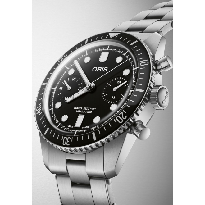 Oris Divers Sixty‑Five Chronograph ∅40 mm - 10 ATM, Esfera negra, brazalete de acero