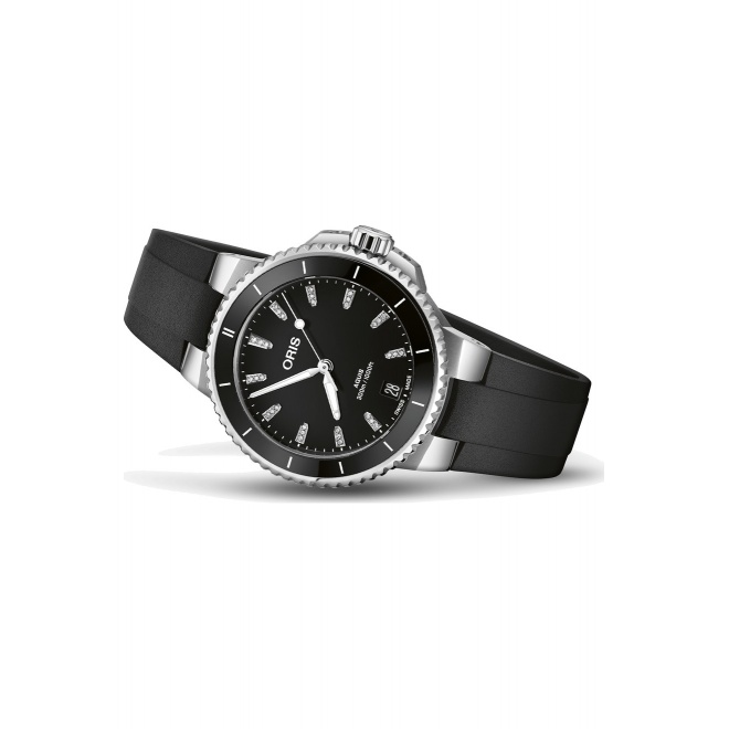 Oris Aquis Date Diamonds ∅36,5 mm - 30 ATM, Esfera negra, correa de caucho negro