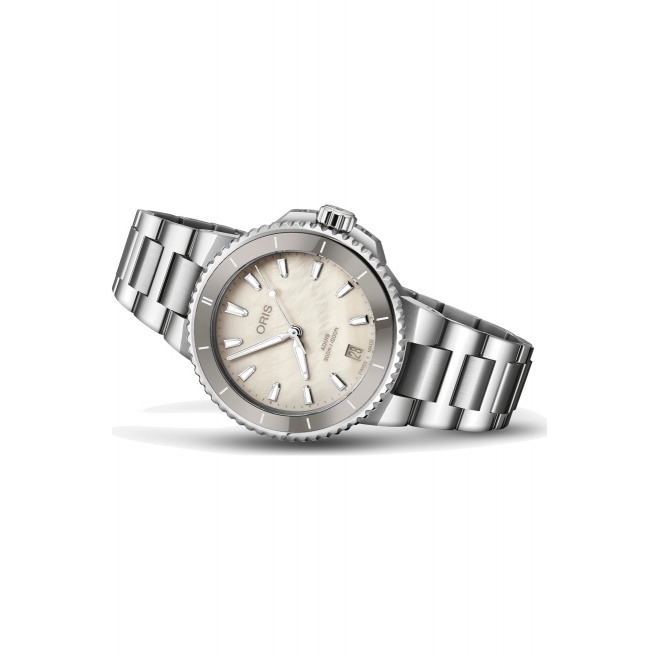Oris Aquis Date ∅36,5 mm - 30 ATM, Esfera blanca, brazalete de acero