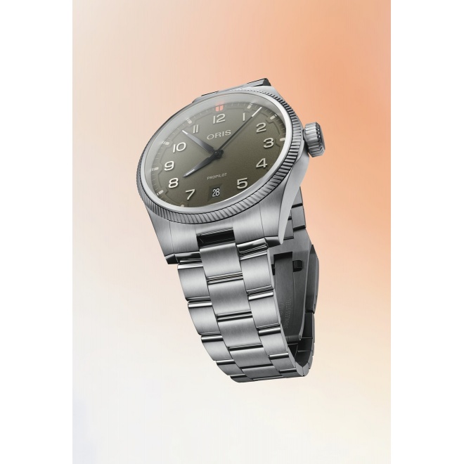 Oris Propilot Date ∅41 mm - 10 ATM, Esfera verde, brazalete de acero