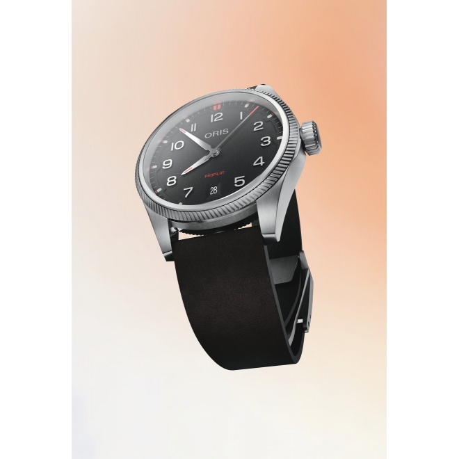 Oris Propilot Date ∅41 mm - 10 ATM, Esfera negra, correa de piel