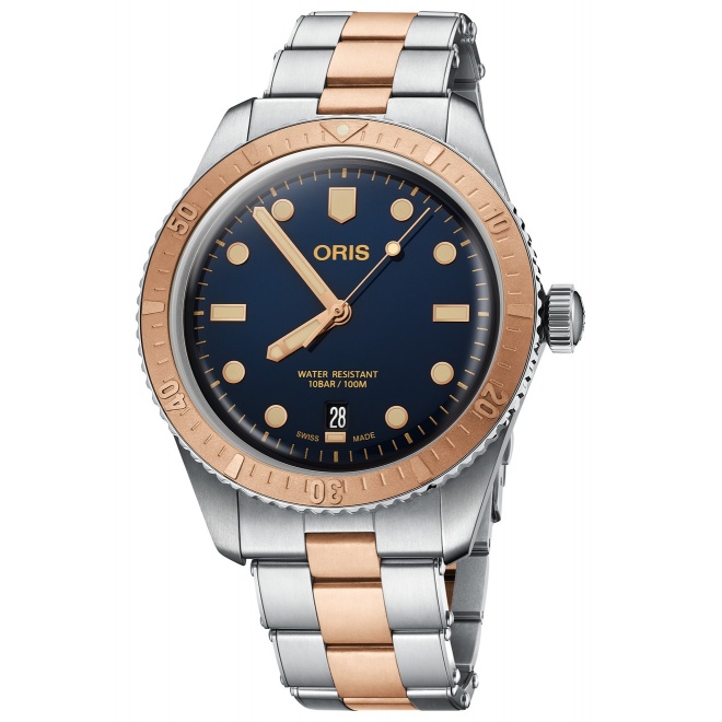Oris Divers Sixty‑Five ∅40 mm - 10 ATM, Esfera azul, brazalete de acero, bronce