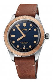 Oris Divers Sixty‑Five ∅40 mm - 10 ATM, Esfera azul, correa de piel marrón