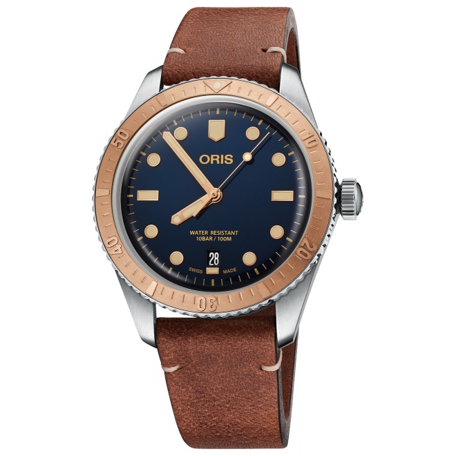 Oris Divers Sixty‑Five ∅40 mm - 10 ATM, Esfera azul, correa de piel marrón