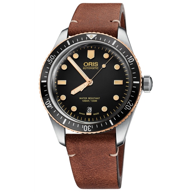 Oris Divers Sixty‑Five ∅40 mm - 10 ATM, Esfera negra, correa de piel