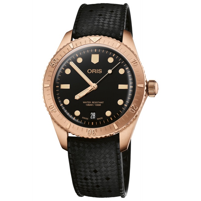 Oris Divers Sixty‑Five Date ∅38 mm - 10 ATM, Esfera negra, correa de caucho negra
