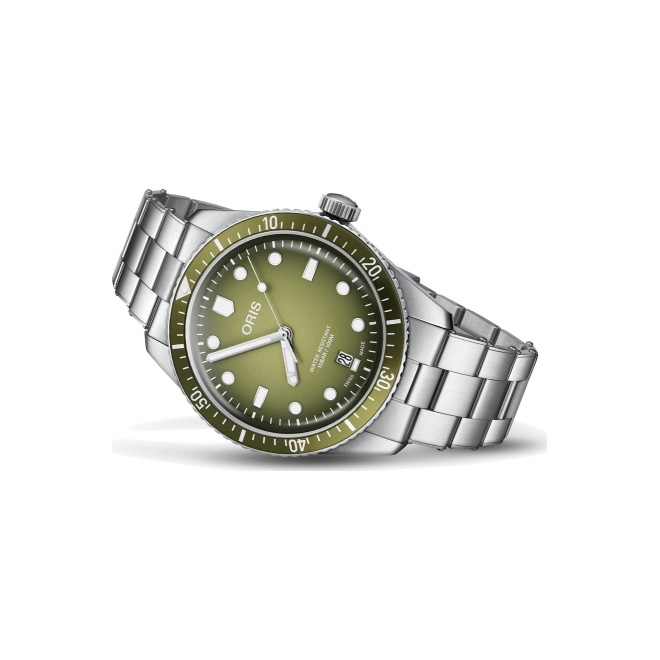 Oris Divers Sixty‑Five Date ∅40 mm - 10 ATM, Esfera verde, brazalete de acero